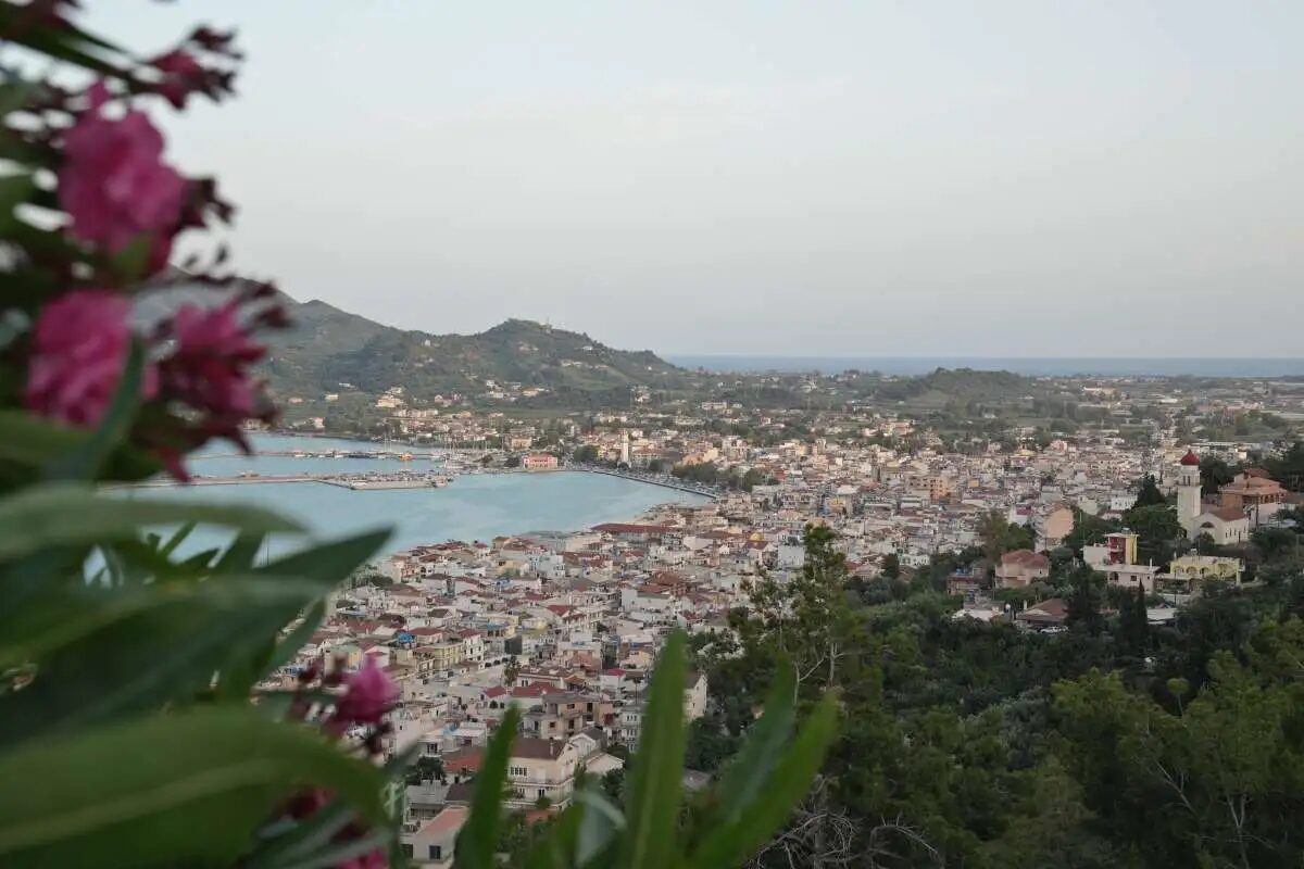 View over Zakynthos Town and harbour at dusk, framed by spring oleander blossoms