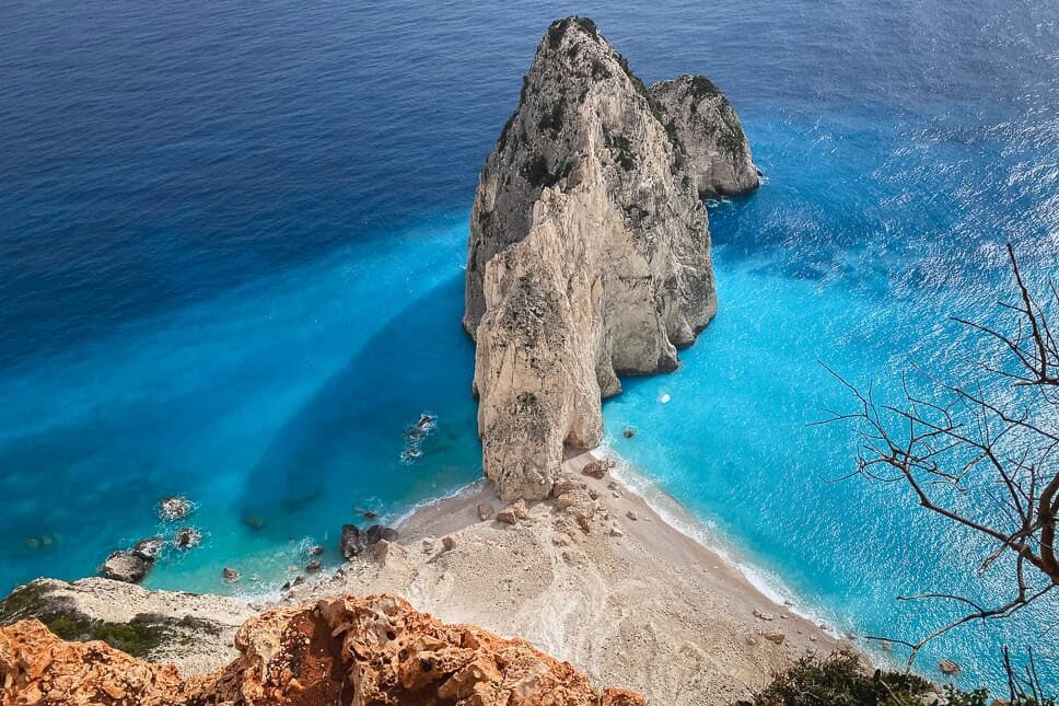 Mizithres rocks at Keri rising from the deep turquoise Ionian Sea