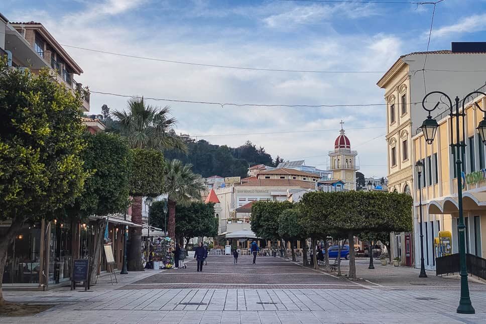 Plateia Solomou in Zakynthos Town with the bell tower of Saint Nicholas of Molos