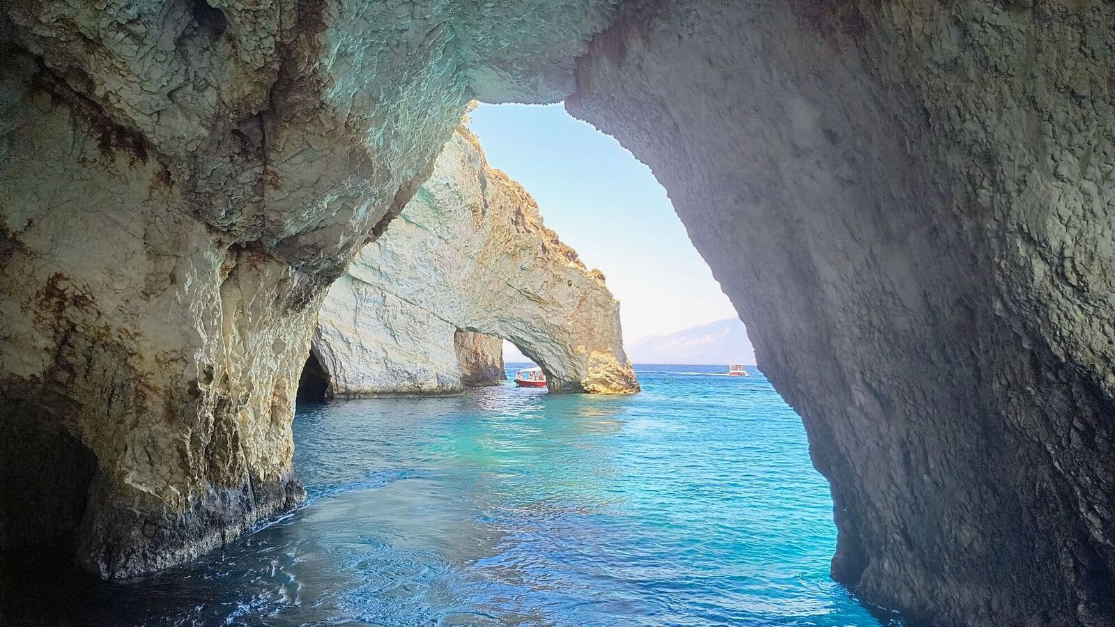 View from inside the Blue Caves looking out through the rock arches